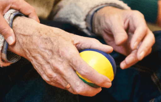 An older person's hands holding a lacrosse ball.