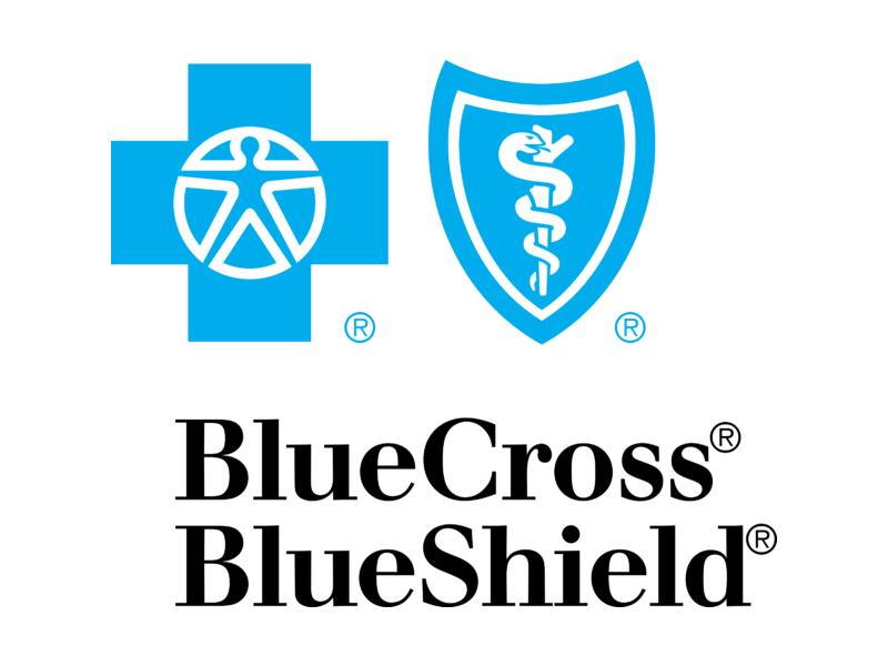 Two light blue icons, a cross with a white outline of a person inside it, and a shield with a white staff with a snake wrapped around it inside the shield. Below the two icons, black text reads 'Blue Cross Blue Shield'.