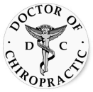 White circular logo with a person in the center with wings behind their arms. A banner above their head reads 'health', and a banner wrapped around their body reads 'chiropractic'. On either side of the person are the letters D and C. Around the edge of the circle, black text reads 'Doctor of Chiropractic'.
