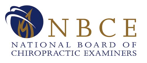 Logo of a blue circle with gold flames inside it, next to the letters N, B, C, and E in gold; black text underneath reads 'National Board of Chiropractic Examiners'.
