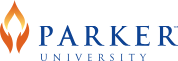 Logo of orange flames next to blue text reading 'Parker University'.